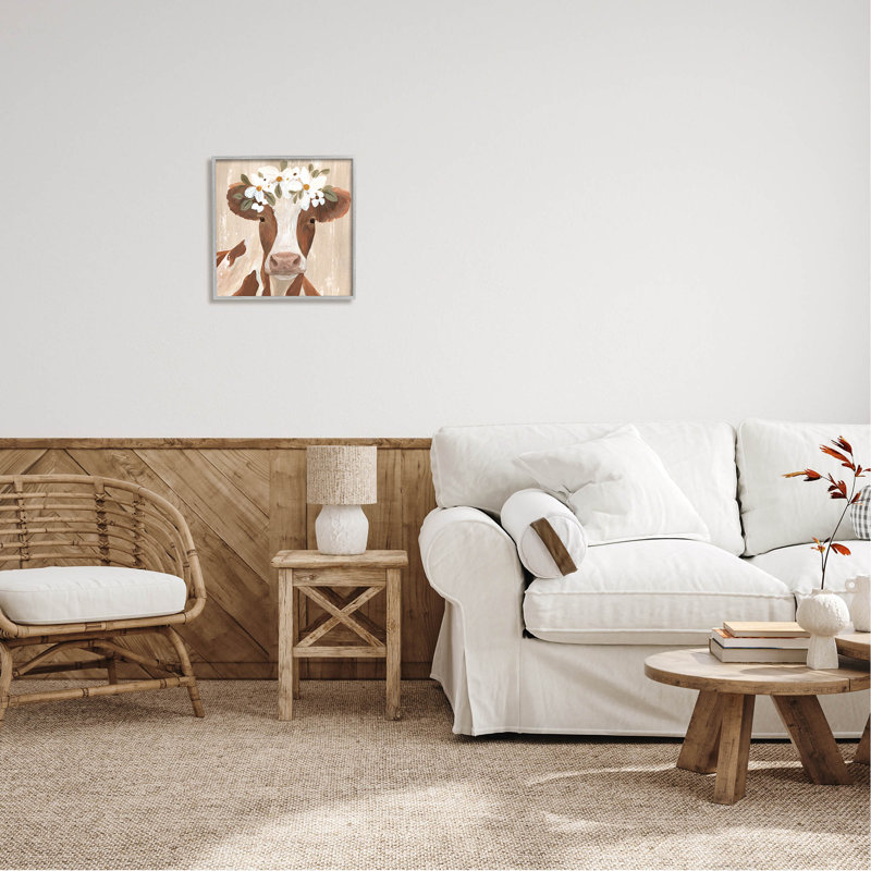 Portrait de vache rustique en fleurs, estampe numérique par Annie Warren, H 17 po x l 17 po x P 1,5 po