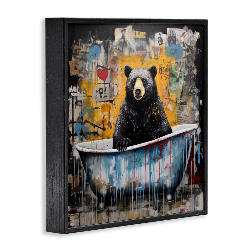 «Graffiti Bathing Bear», estampe numérique par Lazar Studio, H 24 po x l 24 po, Giclée encadrée noir minuit