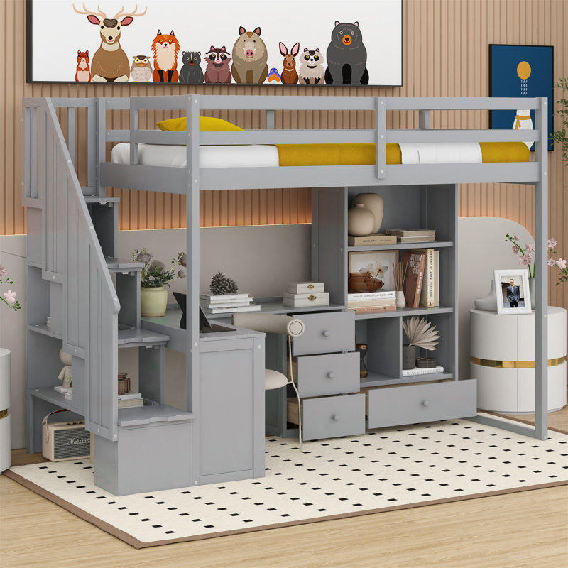 Philippa Kids Twin Loft Bed with Drawers, Gray