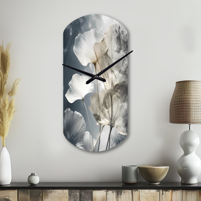 Art tropical palmier pour Ginkgo Art III - horloge murale asymétrique en métal gris, horloge murale cylindrique traditionnelle