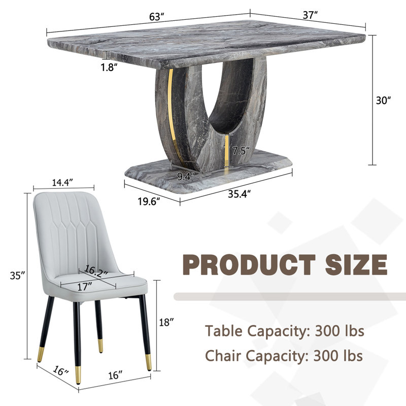 63" Modern Gray Dining Table Set With PU Leather Chairs, U-Shaped MDF Base, 5 Pieces: Table, 4 Chairs, Light Gray