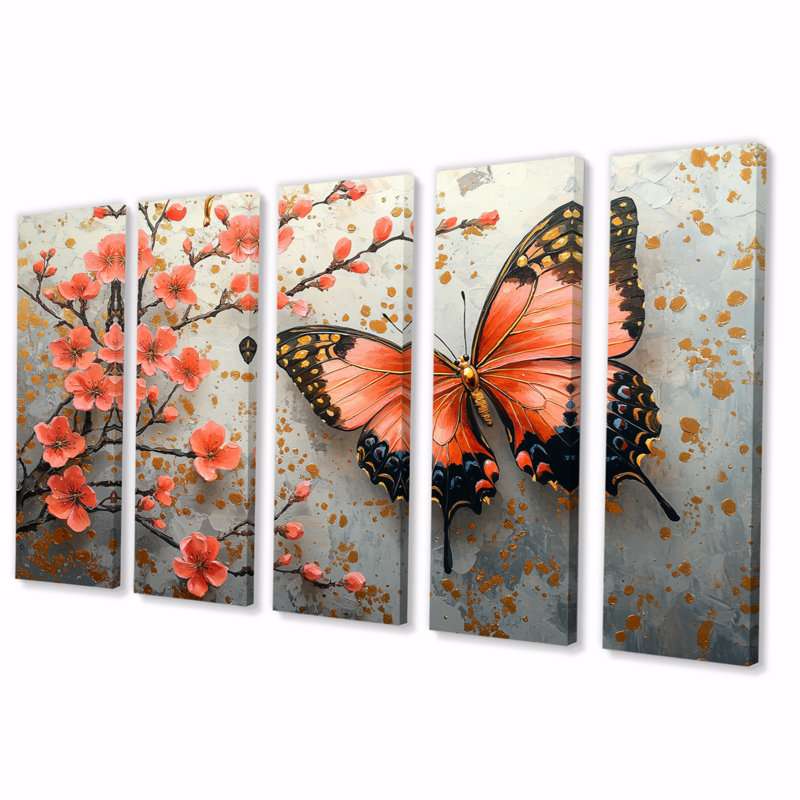 «Cherry Blossom Redd Butterfly on Branch», ensemble de reproductions d'art mural cerisier en fleurs, H 32 po x l 80 po