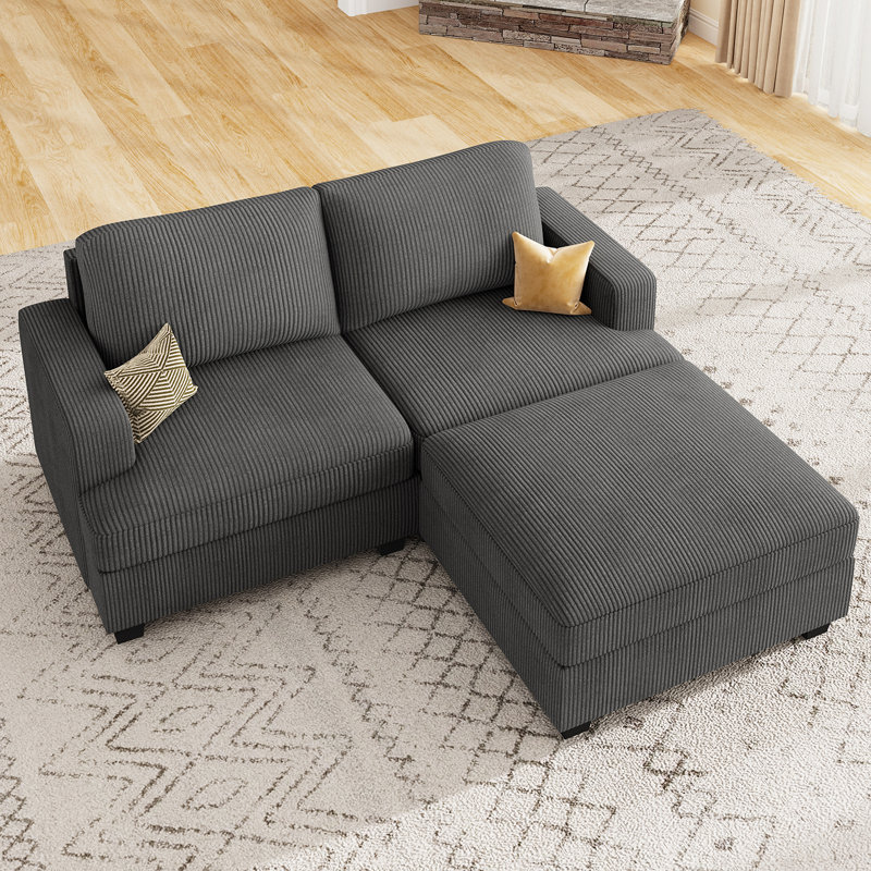 L-shaped Corduroy Sectional With Storage Ottoman, Gray Corduroy