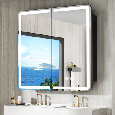 32 In. Rectangular Iron Medicine Cabinet with Mirror, Dimmable Flowing Lights, Defogger, Outlet & USB