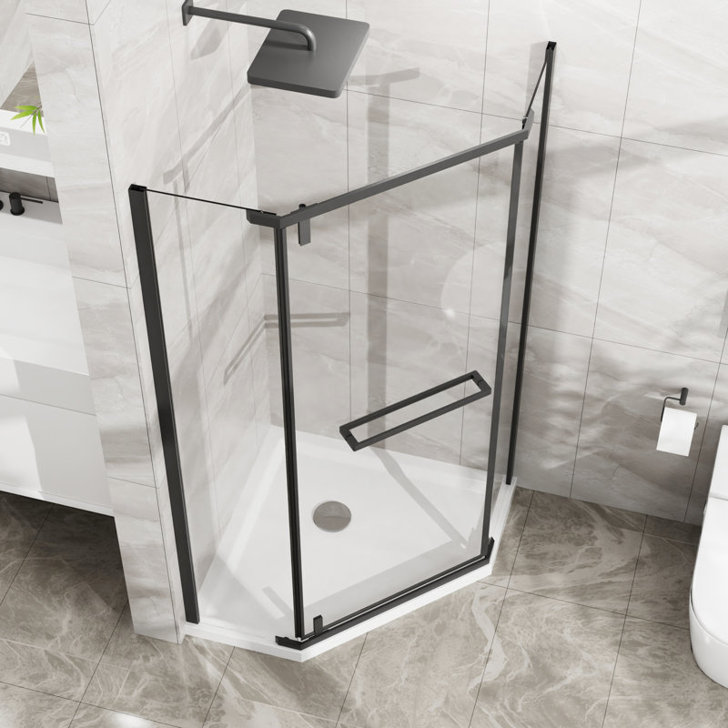 72 po Douche à angle élevé - 36 x 36, finition noir mat, verre trempé transparent, porte de support en acier inoxydable 304 noir 36 x 36 x 72, vis à béton