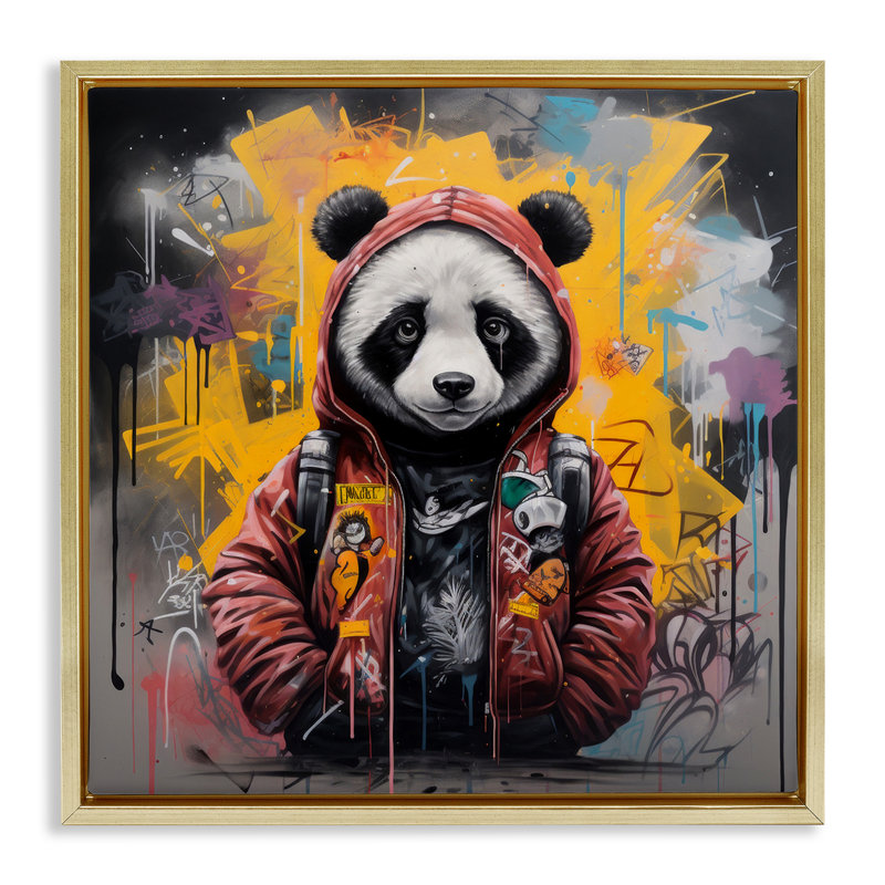 «Urban Graffiti Panda Bear» par Lazar Studio, Cadre flottant métallique doré, H 25 po x l 25 po