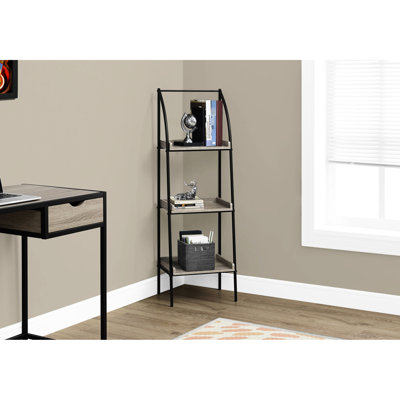 Bibliothèque d'angle moderne à 3 tablettes de 48 po de hauteur, taupe foncé avec métal noir, bibliothèque Living Stratif brun et métal, idéale pour les petites chambres à coucher