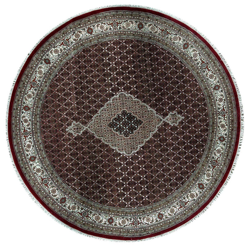 Tapis rond rouge / ivoire / brun noué à la main de qualité unique de 8 pi 2 po