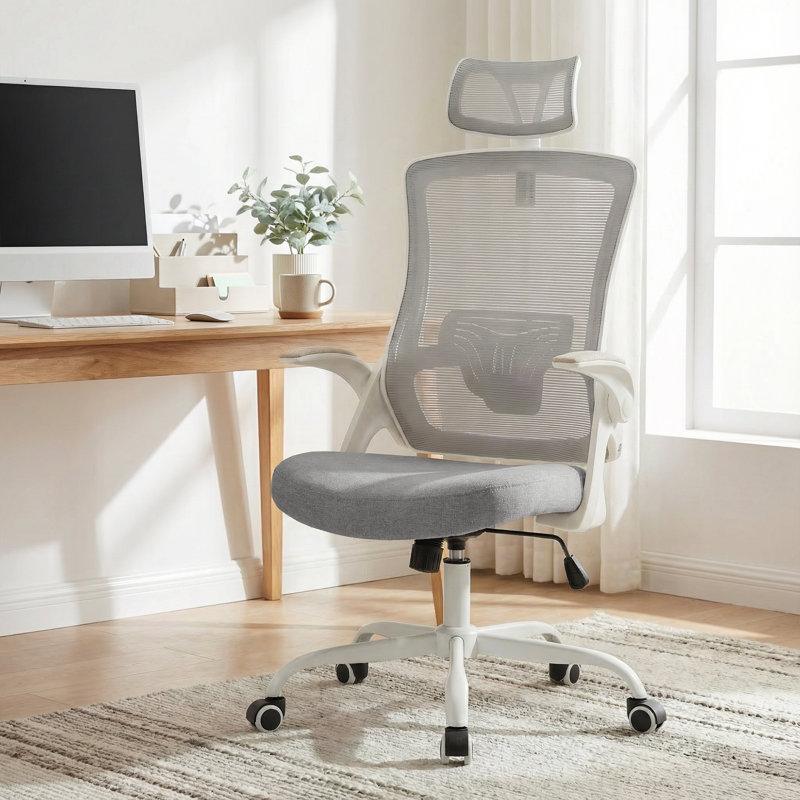 Chaise de bureau ergonomique Neeya, Base en acier, Avec repose-tête, Gris