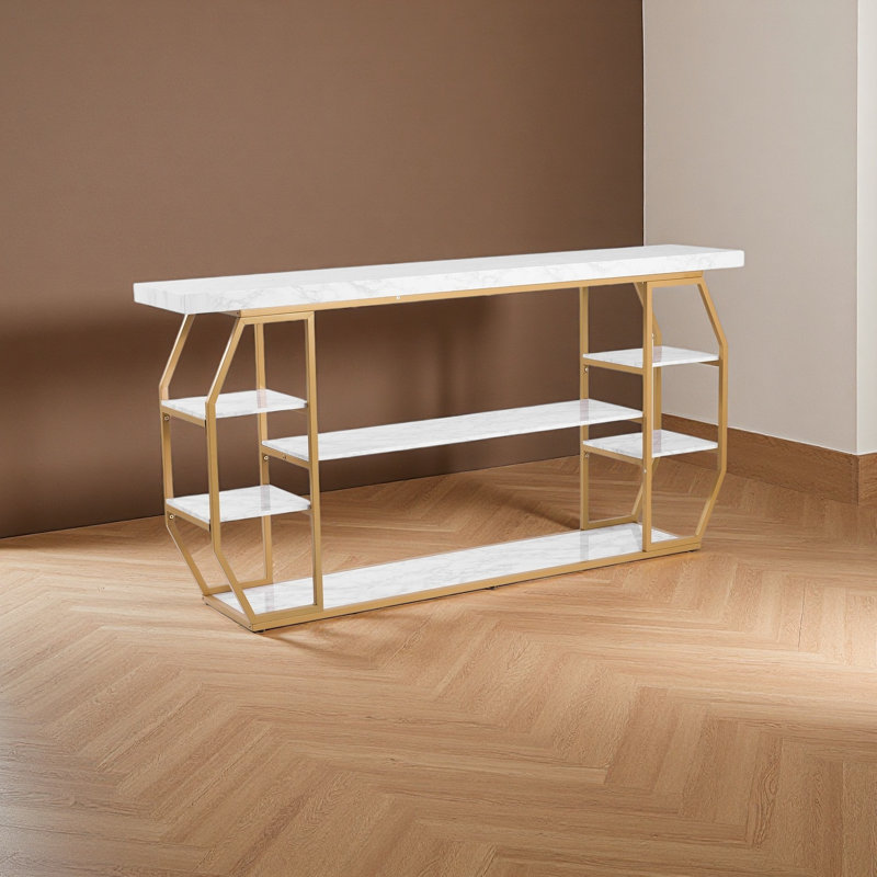 Marble Console Table, 3 Tiers Modern Console Table for Open Storage, Golden Geometric Table with Iron Tubes, Anti-Tip Device and Triangular Support for Living Room