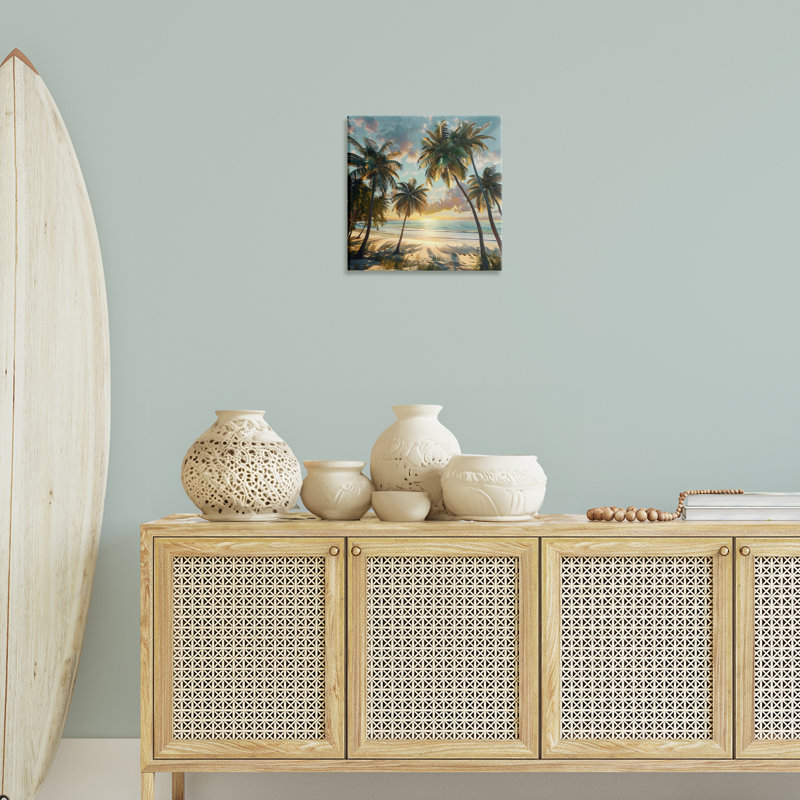 Toile tropicale, coucher de soleil à travers des palmiers, art mural par LSR Creative Studio, H 17 po x l 17 po