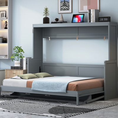 Lit double, gris, élévateur hydraulique et bureau, peu encombrant pour les petits espaces de vie, confortable