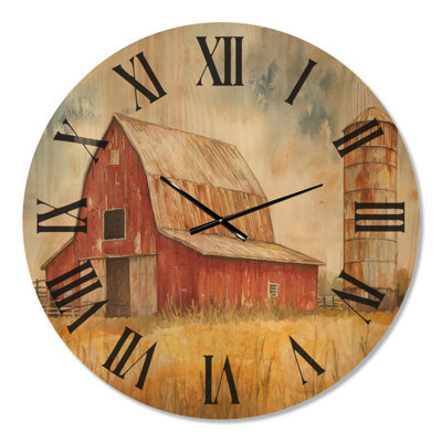Extra Large Nature Rustic Wood Wall Clock – Barn with Weathered Silo