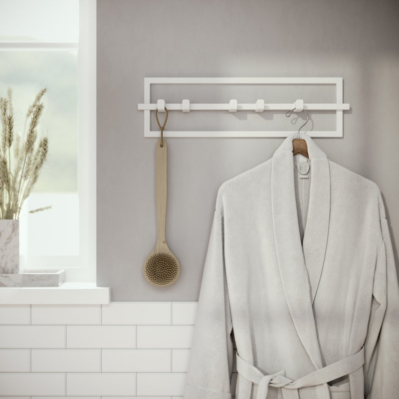 White Steel Wall-Mounted Hook Rail with 5 Adjustable Hooks