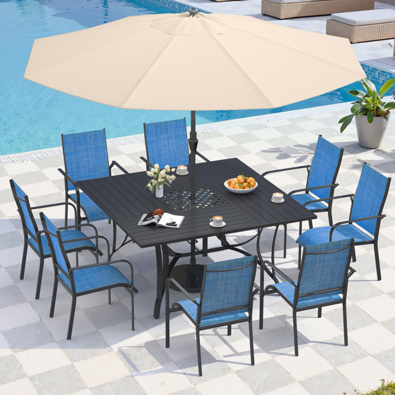 9 Piece Patio Dining Set, Outdoor Dining Table And Chairs Set For 8, 8 PVC-coated polyester Chairs, 1 Iron Square Table With Adjustable Umbrella Hole (1.57"-1.97"), Patio Furniture Set For Deck, Backyard, Lawn, Poolside