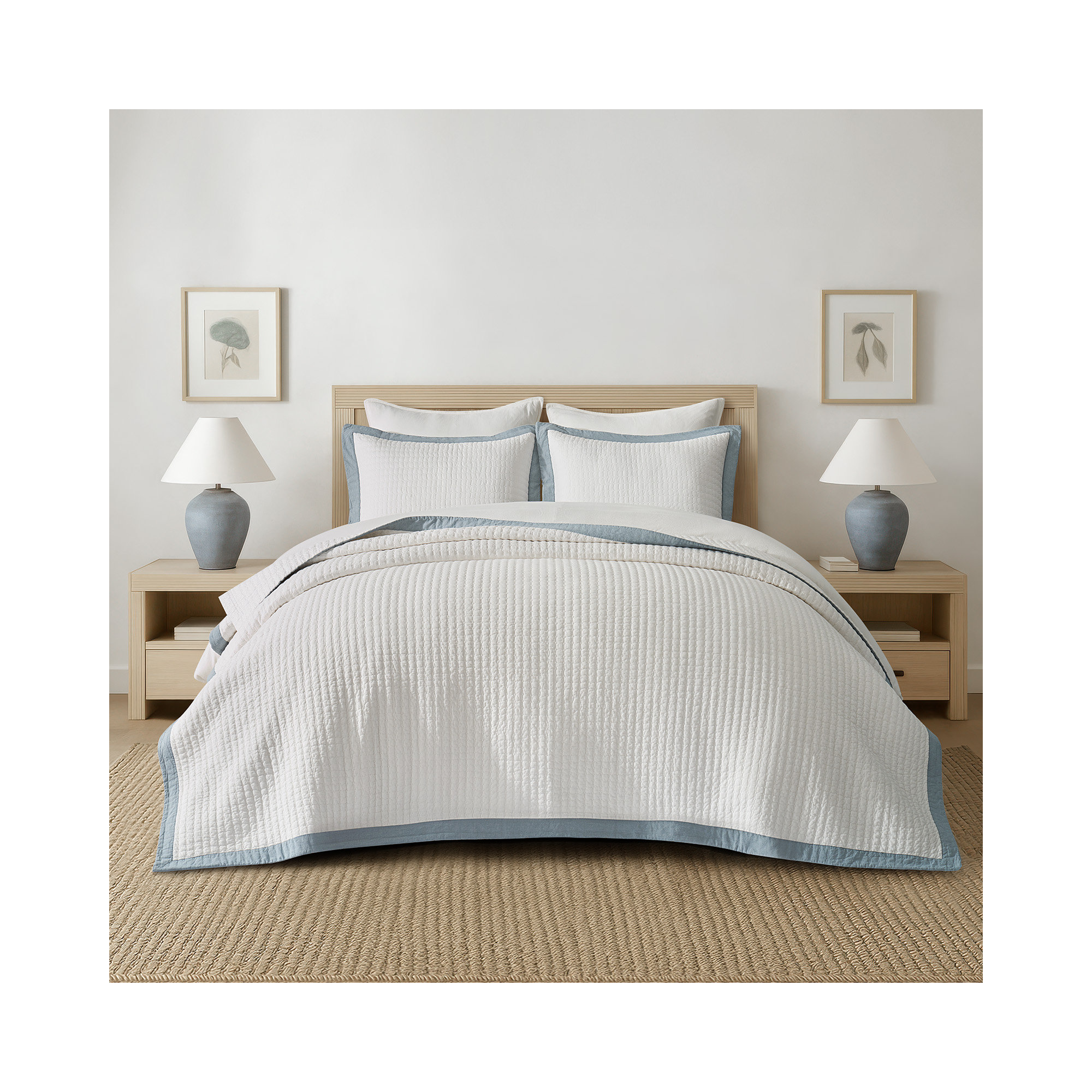 Border Frame Cotton Pick-Stitch Channel Quilt, Blue Linen, King Quilt + 2 King Shams