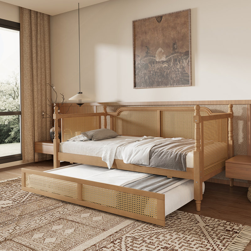 Lit de jour en rotin avec couchette, Complet/Double, Noyer