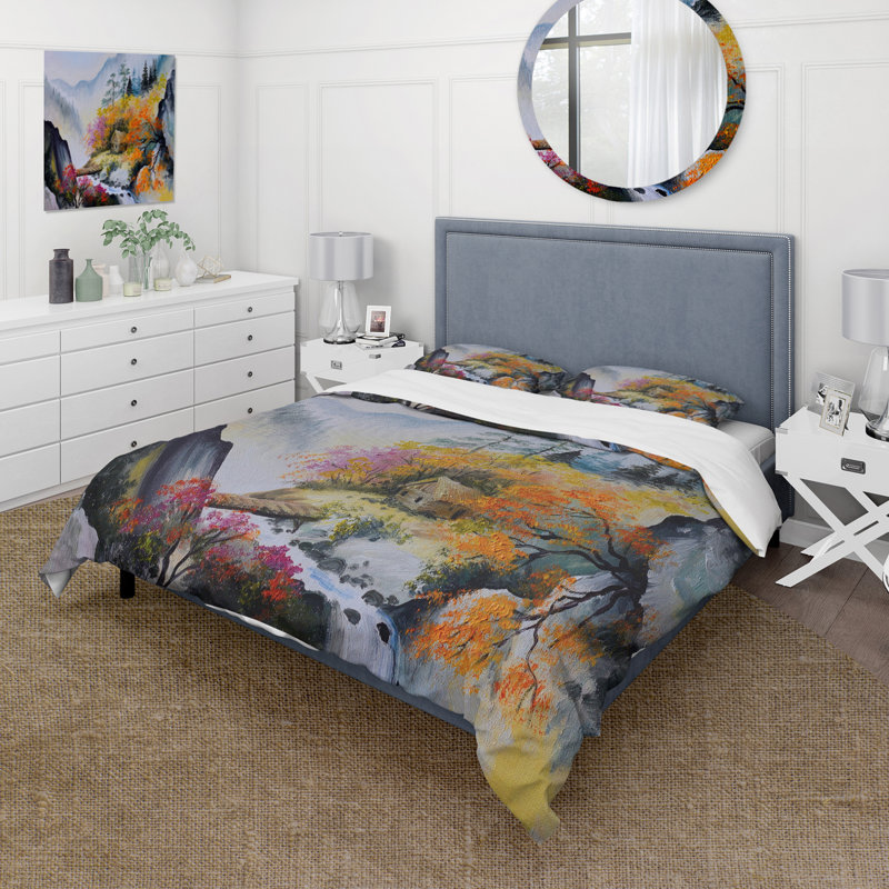 Little House In Vibrant Mountain Landscape - Ensemble de housse de couette traditionnel - Microfibre de polyester