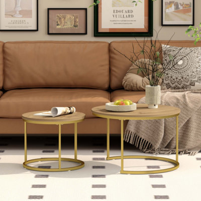 Ensemble de 2 tables basses gigognes, plateau rond en marbre et structure en métal robuste, tables d'appoint de table de bout pour le salon, la chambre et le balcon