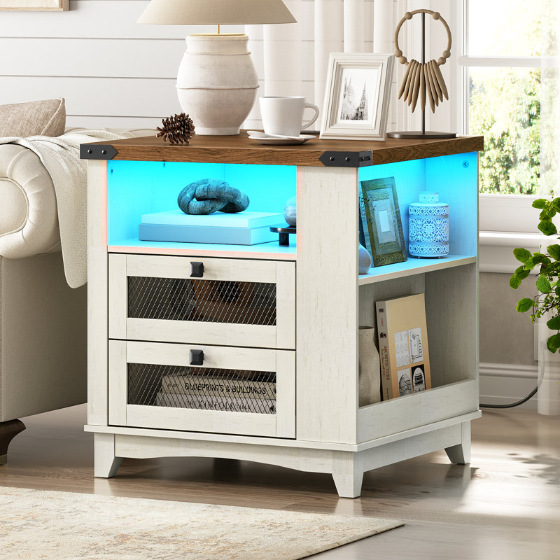Table de bout Farmhouse avec station de charge, grande table d'appoint 23,6 po avec lumière DEL et 2 tiroirs, table de chevet carrée avec tablettes latérales