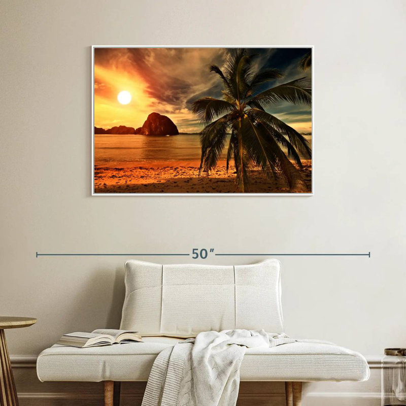 Coucher de soleil sur la plage chaude, Cadre flottant blanc, 40 po x 27 po