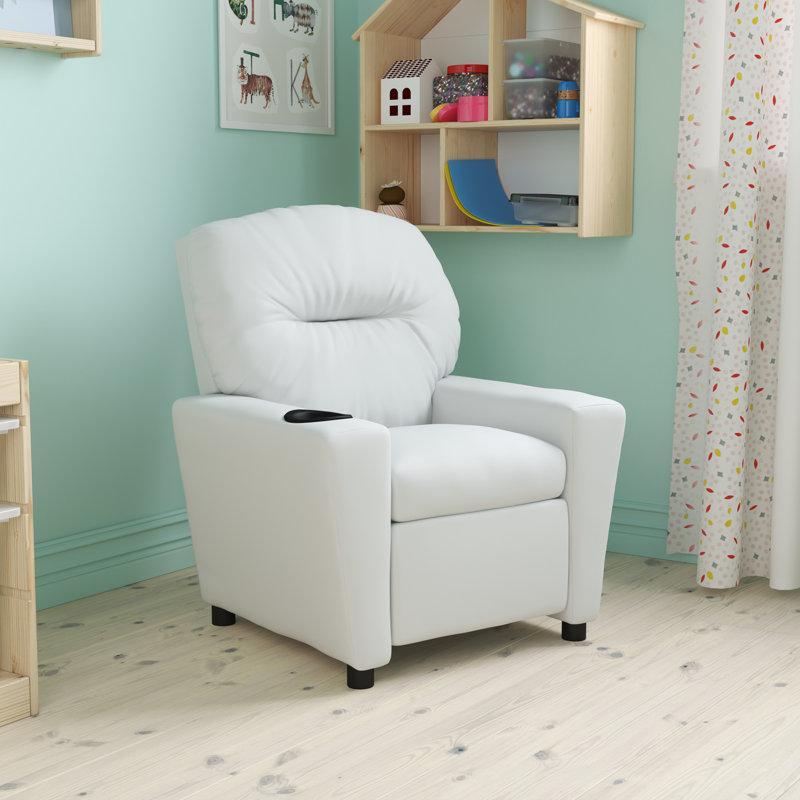 Contemporary Kids Recliner with Cup Holder, Microfiber - White