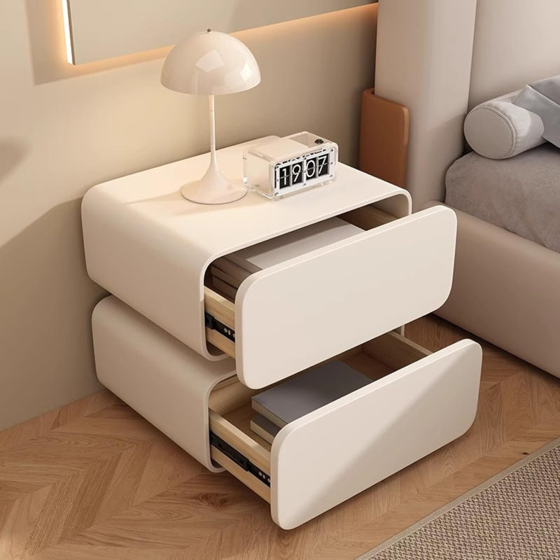 Modern Minimalist Cream Solid Wood Bedside Storage Cabinet with Soft-Close Drawers for Bedroom or Living Room