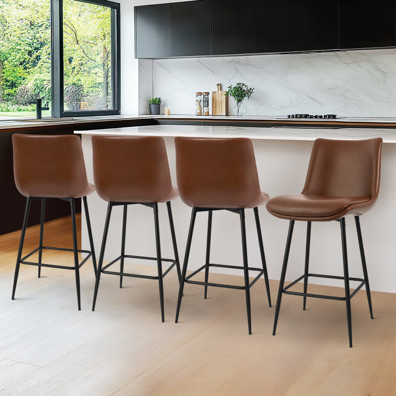 Pu Leather Upholstered Counter & Bar Stool  Set of 4 With Metal Legs, Walnut