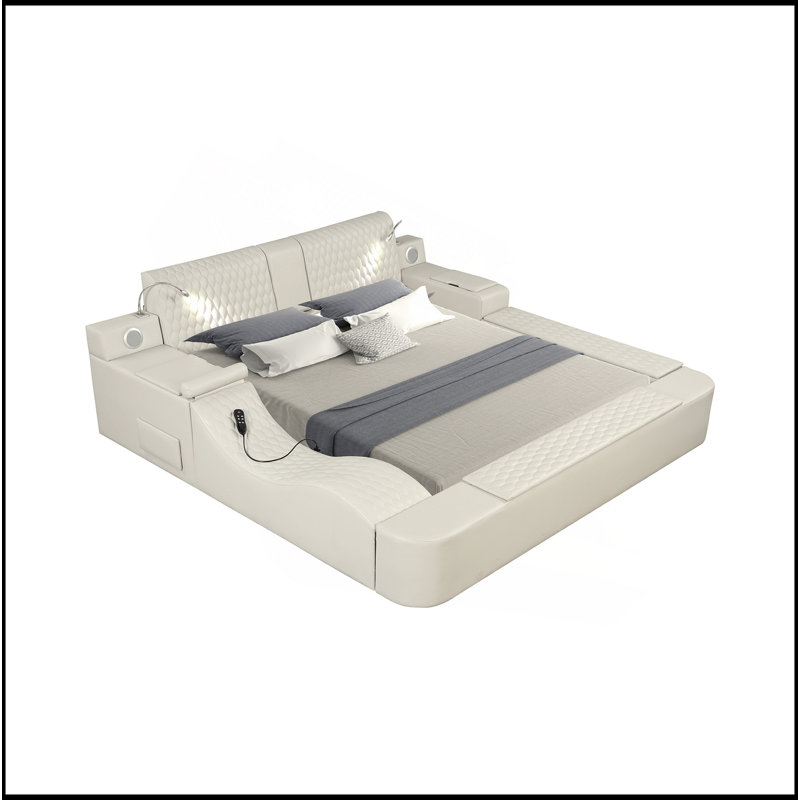 Lit multifonctionnel intelligent avec masseur en bois et similicuir, Grand lit, Beige