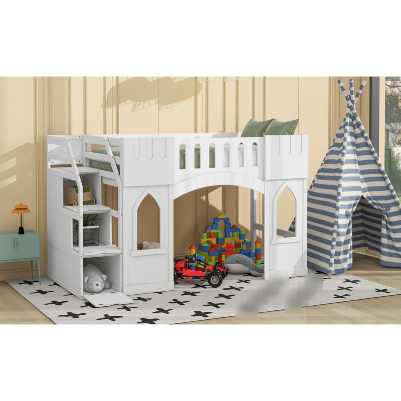 Lit mezzanine blanc avec matériaux - Livré avec escalier de rangement et rangement en bois d'apparence ludique, la fenêtre ajoute une touche lumineuse