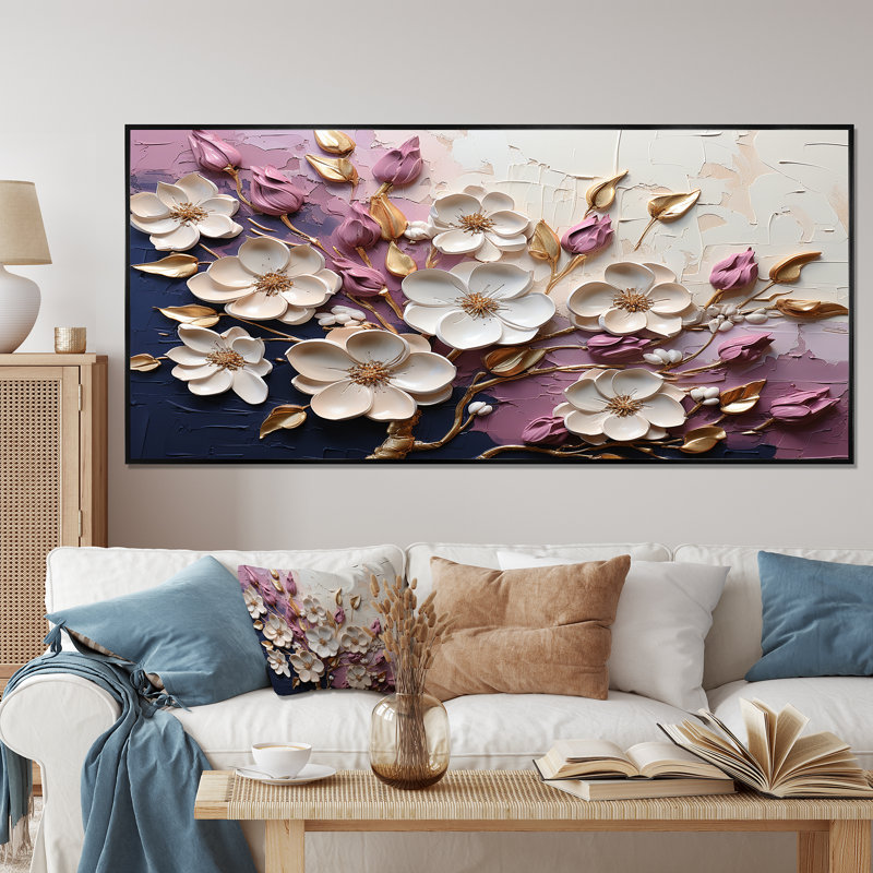 Fleurs de pavot blanches et mauves - Art floral abstrait sur toile, Cadre flottant noir, H 12 po x l 20 po x P 1 po