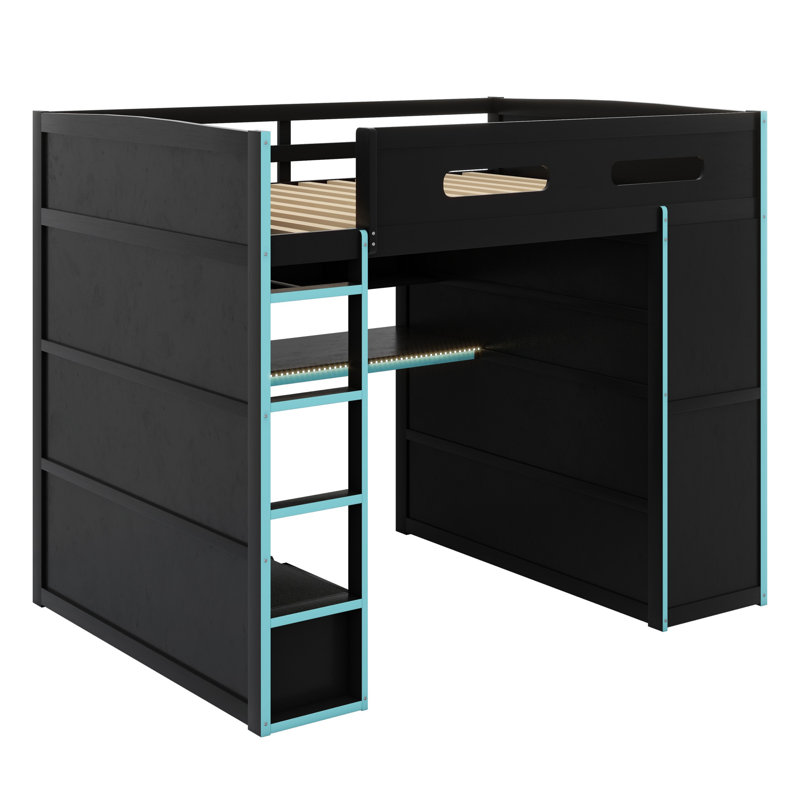 Wood Loft Bed With Desk,Wardrobe,Ample Storage Space,And RGB LED Light, Cloud Blue