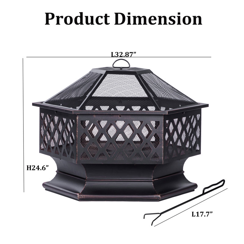 28Inch 33Inch Hexagonal Outdoor Wood Burning Fire Pit, 33"W x 33"D
