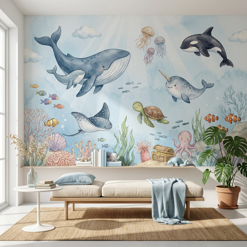 Décoration murale fantaisiste sous-marine marine, Non tissé non collé, 200 po x 120 po