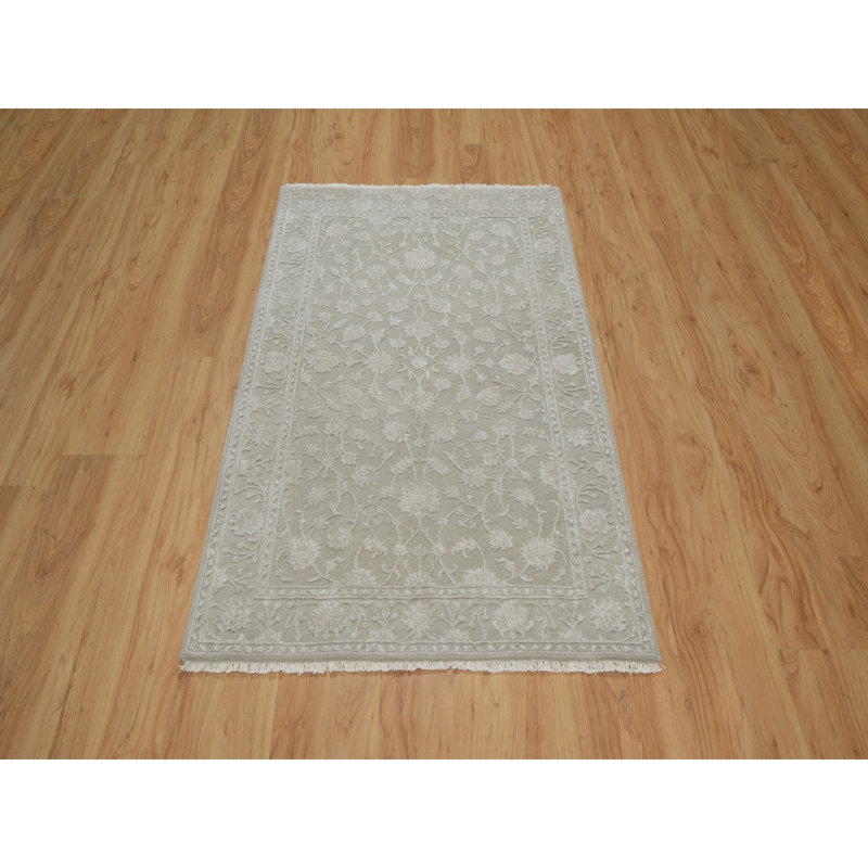 Tapis gris en laine et en soie noué à la main 3 pi 1 po x 5 pi 8C04286F6A2649B5BA32F8A641D05D85