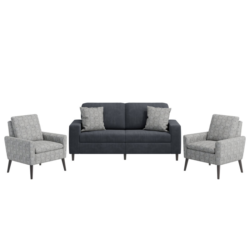 Ensemble de salon Wilmington Mid-Century, Velours côtelé gris / crème