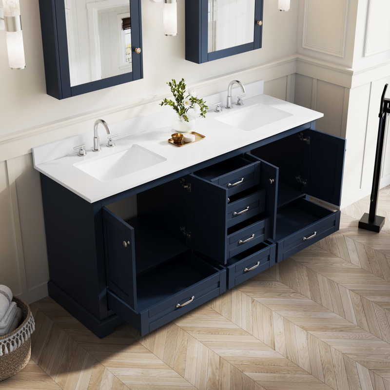 Meuble-lavabo autoportant avec comptoir et lavabo en marbre de culture blanc, Bleu, Nickel brossé, 72"