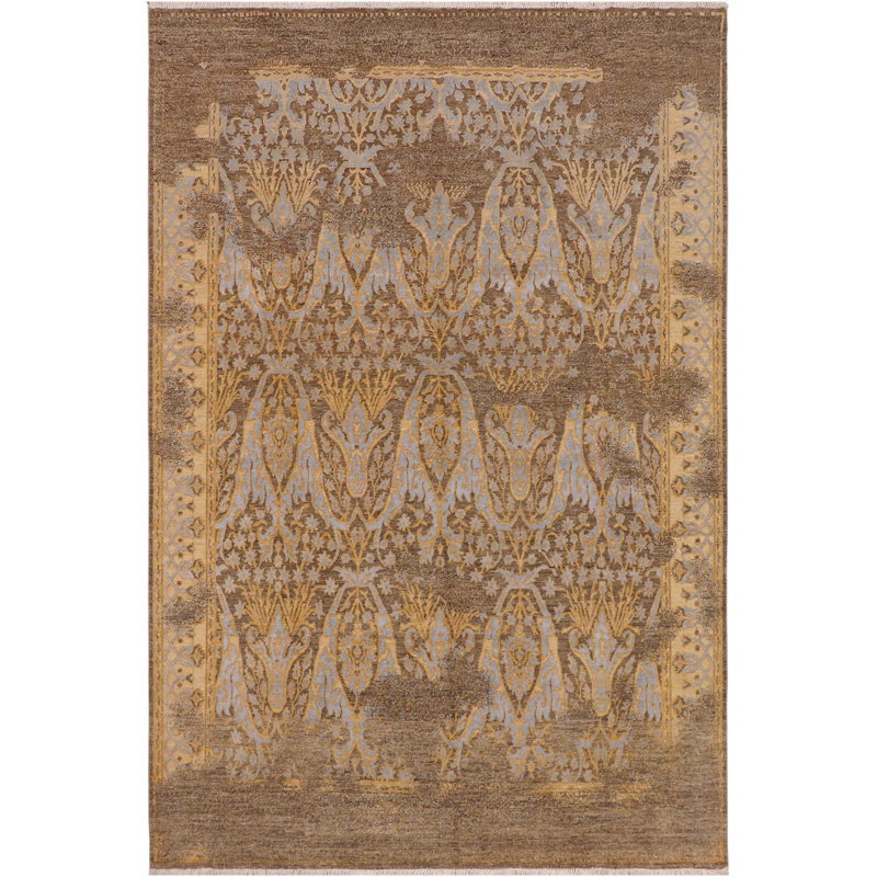 Tapis oriental gris / beige en laine et soie noué à la main 8 pi 3 po x 9 pi 9 po Baccio