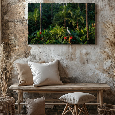 Toile, scène de jungle tropicale luxuriante avec feuillage vibrant et art mural exotique avec une grue blanche sereine