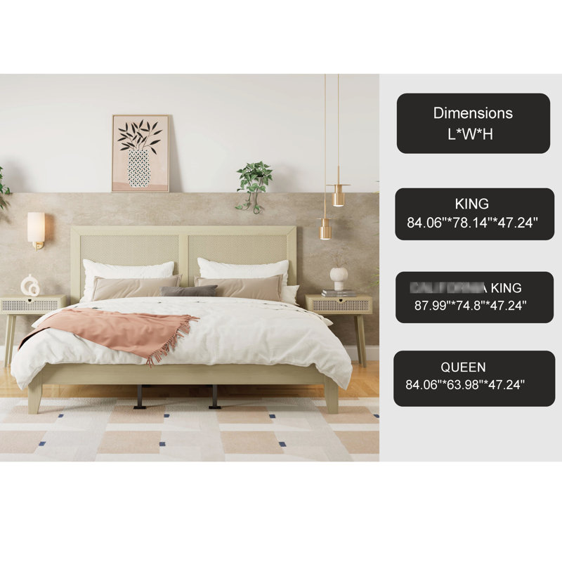 Lit plateforme en bois massif avec un design Mid-Century, ton naturel, tête de lit tissée, structure, lattes, supportant jusqu'à 800 livres, convient à différents styles de chambre à coucher, finition, densité de caoutchouc faible