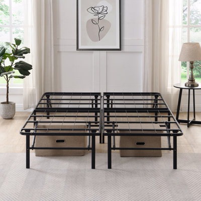 Bed Frame Queen Size Queen Metal Material Platform Folding 14 Inch High Box Spring Replacement With Heavy Duty Construction Steel Material Slat Easy Assembly Under-Bed With Storage Function
