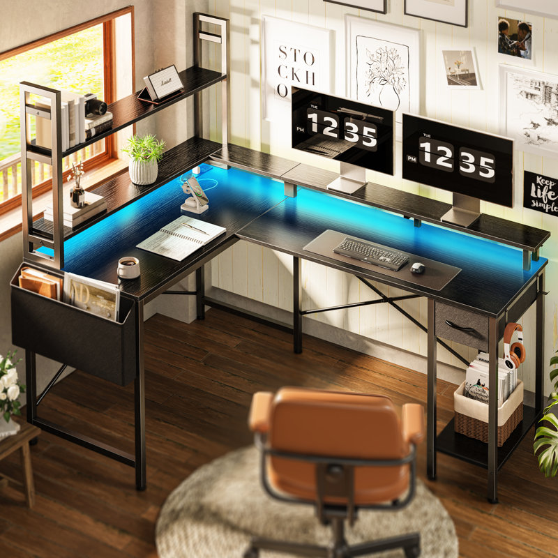 Lateefa L Shaped Computer Home Office Desk with LED Lights & Power Outlets with Storage Shelves 4-Tier Reversible Bookshelf Corner Desk