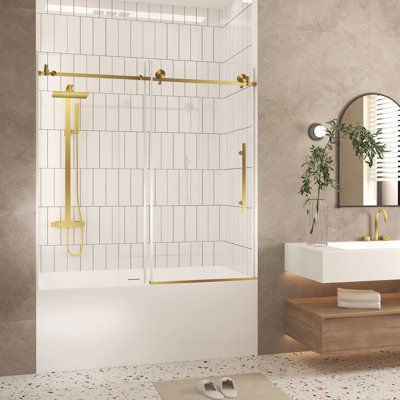 Porte de douche avec largeur et hauteur de 56 à 60 po, verre trempé transparent de 6 po et 6 mm, finition dorée brossée, poignée en acier inoxydable, style américain pour la salle de bain, rails ronds stables et durables