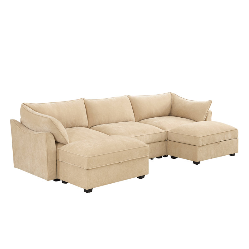 Meneo U-Shaped Chenille Sectional Sofa with 2 Ottomans & Storage, Wheat Chenille