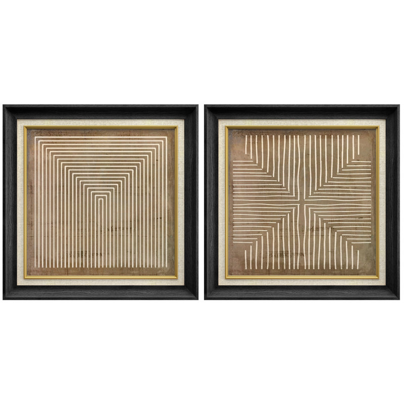 Geometric Abstract Line Minimalist - Framed Canvas Master Bedroom Wall Art Work 2 Pieces Print, Brown, Black Gallery Frame