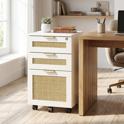15.75" Rattan File Cabinet With Lock & 3 Drawers