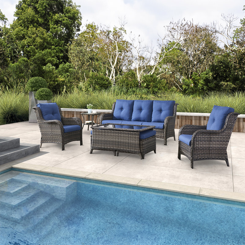 Schutt Wicker 5 - Person Patio Conversation Set with Cushions, Blue, Gray