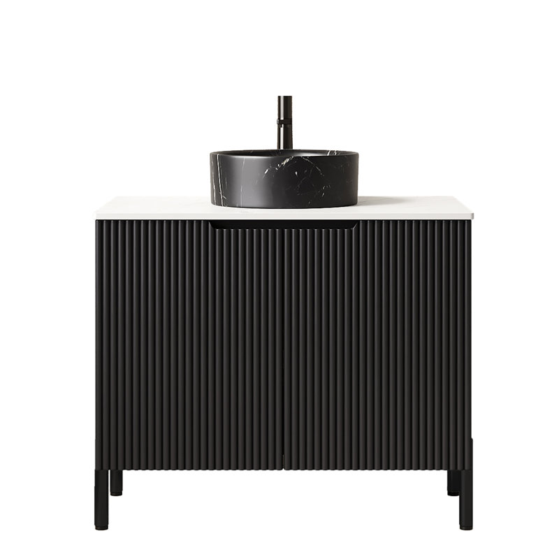 Meuble-lavabo 30 po avec lavabo rond noir, armoire autoportante à 2 portes et comptoir en pierre frittée blanc de Carrare, noir