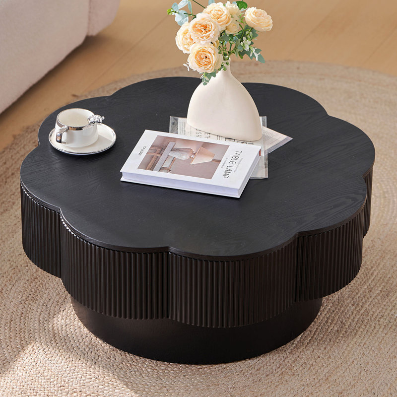 Table basse 31,50 "en forme de fleur moderne, table basse en forme de fleur de prunier avec rangement - placage en bois naturel, pour salon, appartement, bureau, assemblage facile, noir