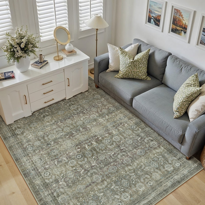 Tapis Amber Vintage à motif intégral lavable avec envers antidérapant, Rectangulaire 3 pi x 5 pi